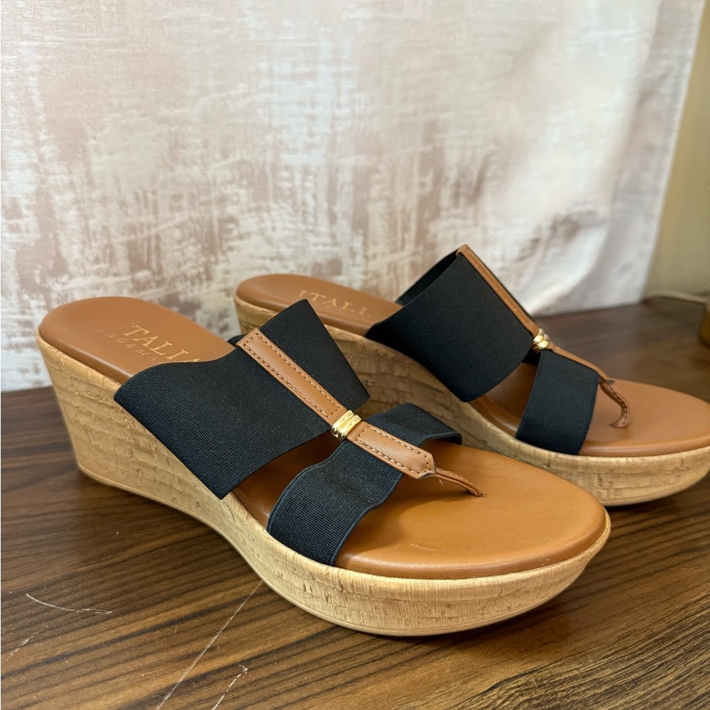 Women's Black and Tan Wedge Sandals